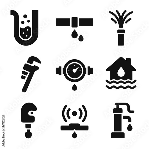 Plumbing Emergency Icons. Solid, filled icons set of plumbing emergencies: clogged drain, leaking joint, burst