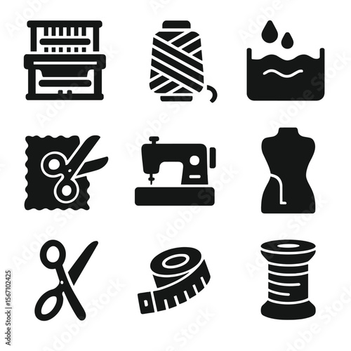 Velvet Fabric Icon Set. Solid, filled icon set of velvet fabric production: loom, yarn, dyeing, cutting, sewing machine, pattern,