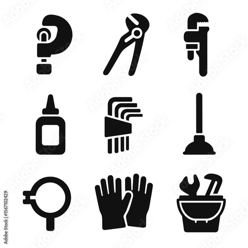 Plumbing Tools Icons. Solid, filled icons set of common plumbing tools: pipe cutter, channel locks, pipe