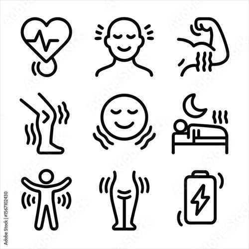 Vibration Health Icons. Solid, filled icon set of health benefits of vibrations: improved circulation, stress relief, muscle