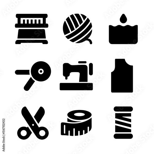 Velvet Fabric Icon Set. Solid, filled icon set of velvet fabric production: loom, yarn, dyeing, cutting, sewing machine, pattern,