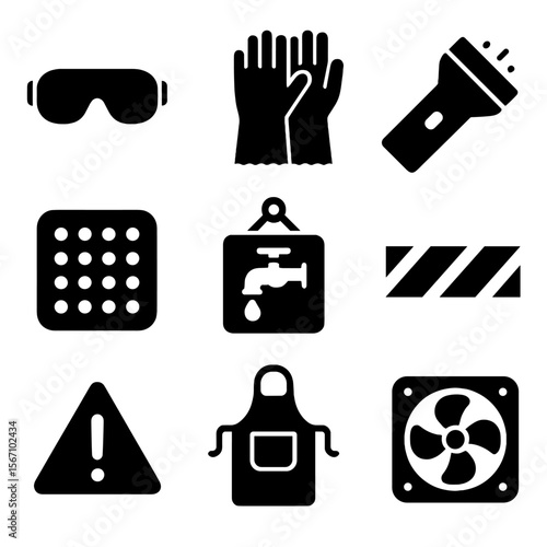 Plumbing Safety Icons. Solid, filled icons set of safety during plumbing repairs: safety goggles, rubber