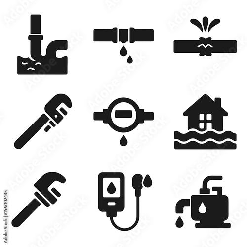 Plumbing Emergency Icons. Solid, filled icons set of plumbing emergencies: clogged drain, leaking joint, burst