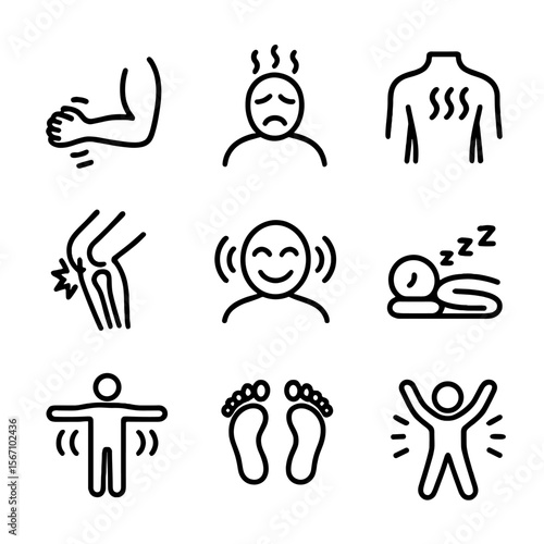 Vibration Health Icons. Solid, filled icon set of health benefits of vibrations: improved circulation, stress relief, muscle