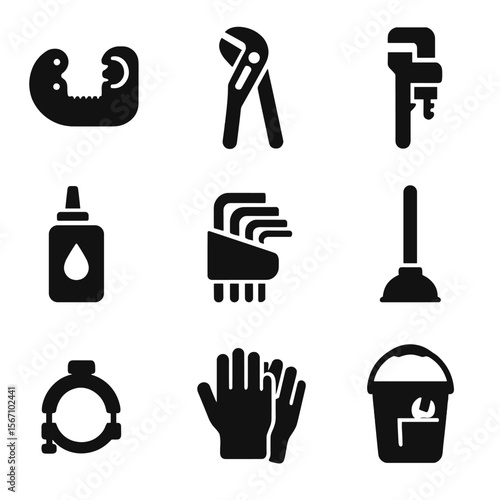 Plumbing Tools Icons. Solid, filled icons set of common plumbing tools: pipe cutter, channel locks, pipe