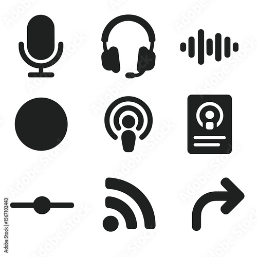 Podcast Icon Collection. Solid, filled icons set of podcast storytelling: microphone, headset, waveform,