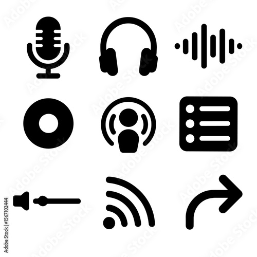 Podcast Icon Collection. Solid, filled icons set of podcast storytelling: microphone, headset, waveform,