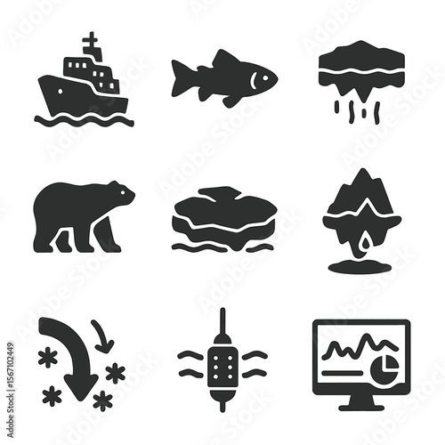 Polar Ocean Research Icons. Solid, filled icons set of polar ocean ecosystem research: icebreaker ship, Arctic
