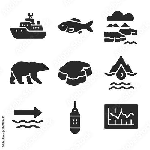 Polar Ocean Research Icons. Solid, filled icons set of polar ocean ecosystem research: icebreaker ship, Arctic