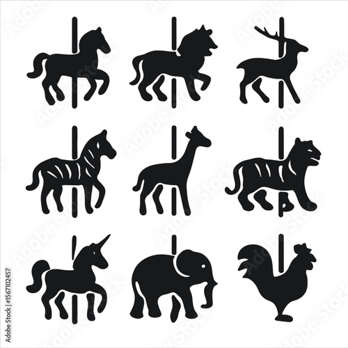 Vintage Carousel Icons. Solid, filled icon set of vintage carousel animals: horse, lion, deer, zebra, giraffe, tiger, unicorn,