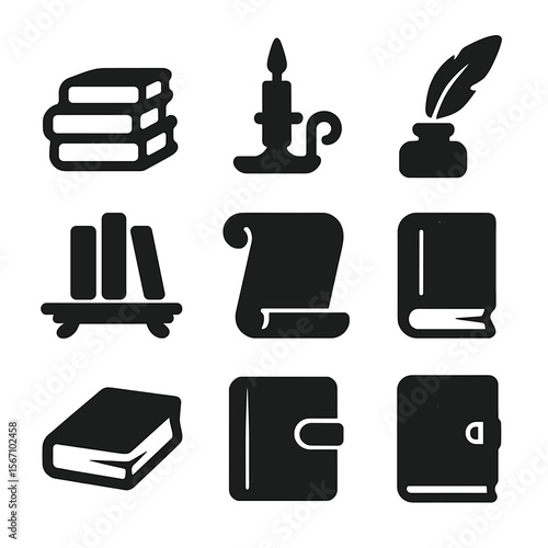 Vintage Bookshelf Icons. Solid, filled icon set of vintage bookshelf setup: old book stack, candle holder, ink bottle, quill pen,