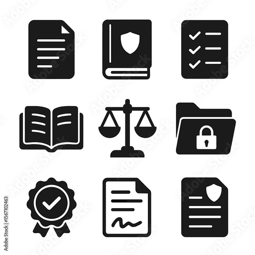 Policy Icons Grid. Solid, filled icons set of policy and compliance standards: document icon, policy book,