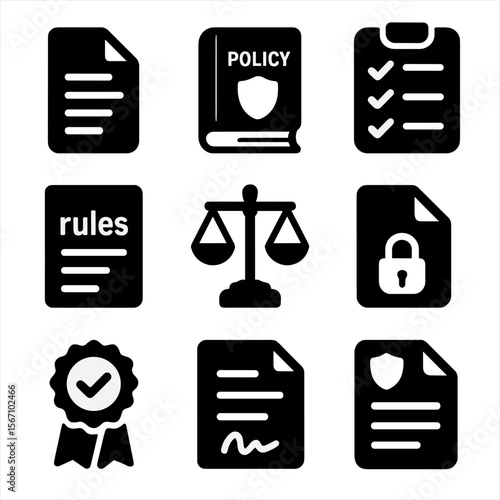 Policy Icons Grid. Solid, filled icons set of policy and compliance standards: document icon, policy book,