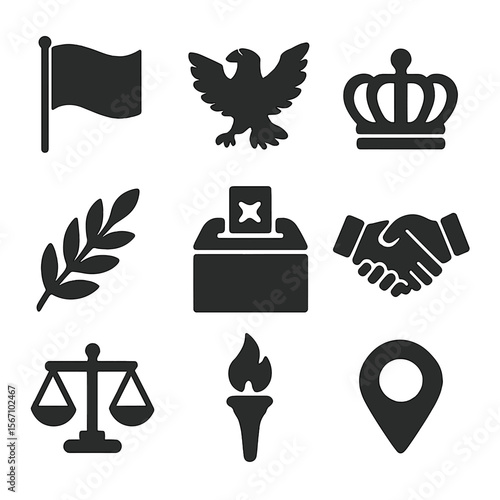 Political Symbols Icons. Solid, filled icons set of political and national symbols: national flag, eagle,