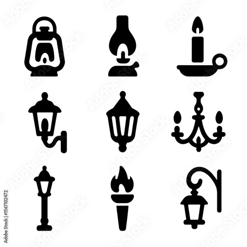 Vintage Light Fixtures Icons. Solid, filled icon set of vintage light fixtures: oil lantern, kerosene lamp, candle holder, gas