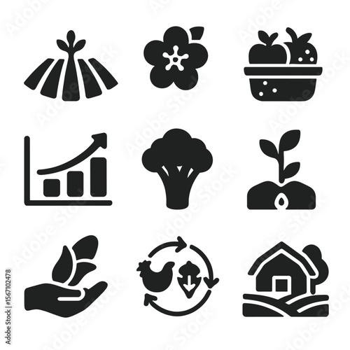 Pollination Benefits Icons. Solid, filled icons set of pollination benefits in agriculture: crop field, apple
