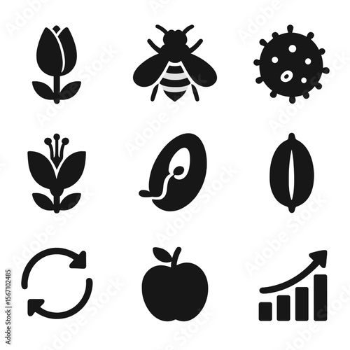 Pollination Cycle Icons. Solid, filled icons set of pollination cycle stages: flower bud, bee visit, pollen