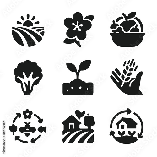 Pollination Benefits Icons. Solid, filled icons set of pollination benefits in agriculture: crop field, apple