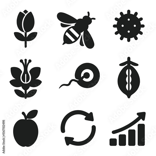 Pollination Cycle Icons. Solid, filled icons set of pollination cycle stages: flower bud, bee visit, pollen