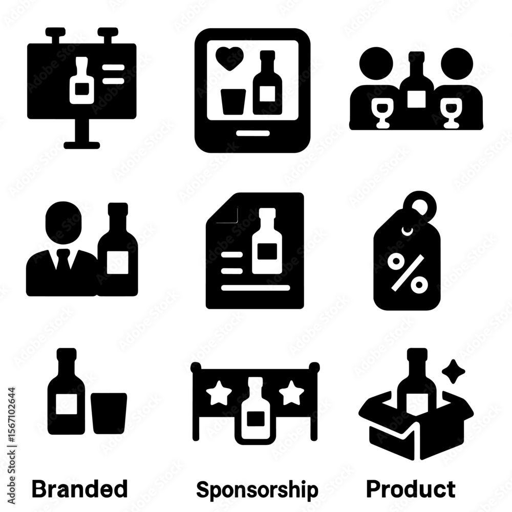 Vodka Marketing Icons. Solid, filled icon set of vodka marketing: advertisement billboard, social media post, tasting event, brand Vodka Marketing Icons. Solid, filled icon set of vodka marketing: advertisement billboard, social media post, tasting event, brand