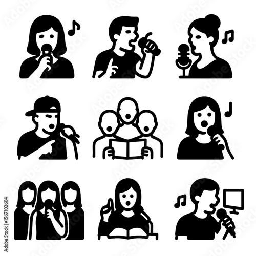Vocal Styles Icons. Solid, filled icon set of vocal styles at weddings and parties: ballad singer, pop singer, jazz singer, rap