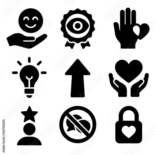 Positive Values Icons. Solid, filled icons set of values and positive influence: kindness icon, respect badge,