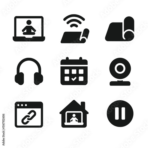 Virtual Yoga Icons. Solid, filled icon set of virtual yoga sessions: laptop with instructor, streaming icon, virtual mat,