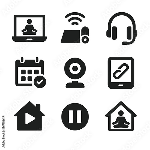 Virtual Yoga Icons. Solid, filled icon set of virtual yoga sessions: laptop with instructor, streaming icon, virtual mat,
