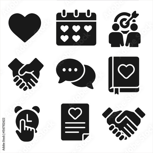 Positive Relationship Icons. Solid, filled icons set of creating positive relationship habits for long-term