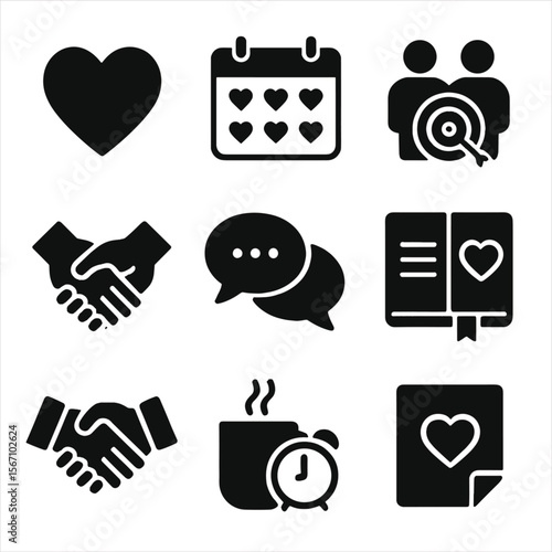 Positive Relationship Icons. Solid, filled icons set of creating positive relationship habits for long-term
