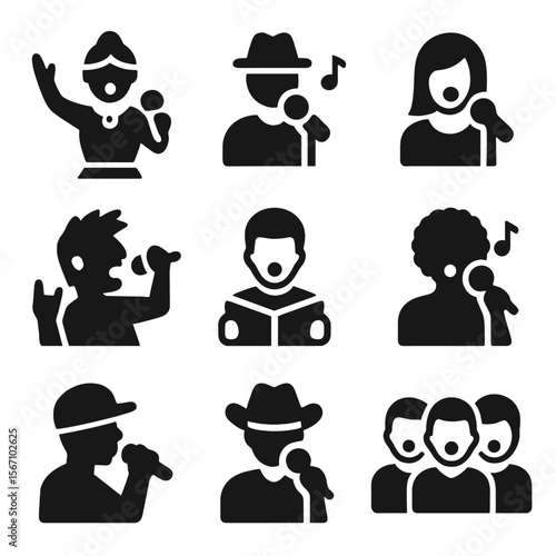 Vocal Styles Icons Grid. Solid, filled icon set of musical vocal styles: opera singer, jazz vocalist, pop singer, rock frontman,