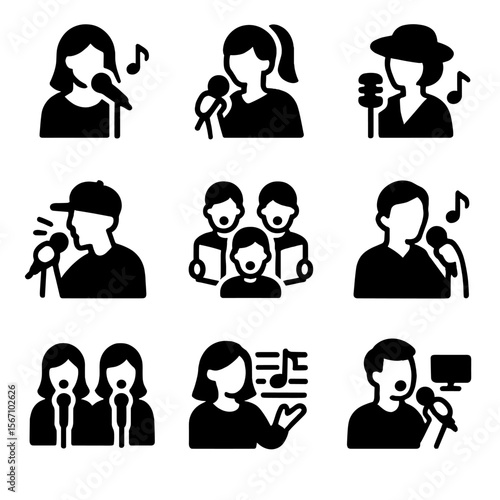 Vocal Styles Icons. Solid, filled icon set of vocal styles at weddings and parties: ballad singer, pop singer, jazz singer, rap