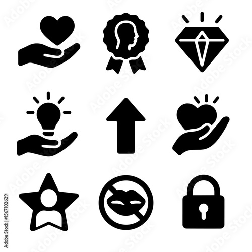 Positive Values Icons. Solid, filled icons set of values and positive influence: kindness icon, respect badge,