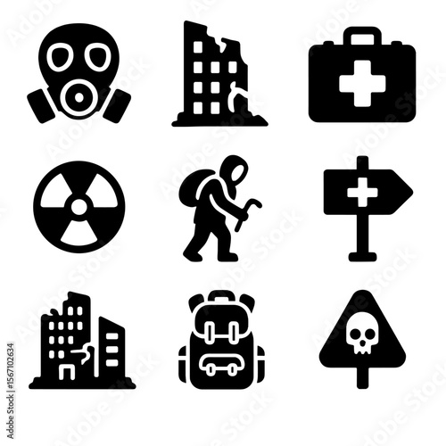 Post-Apocalyptic Survival Icons. Solid, filled icons set of post-apocalyptic survival: gas mask, broken