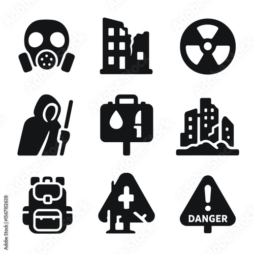 Post-Apocalyptic Survival Icons. Solid, filled icons set of post-apocalyptic survival: gas mask, broken