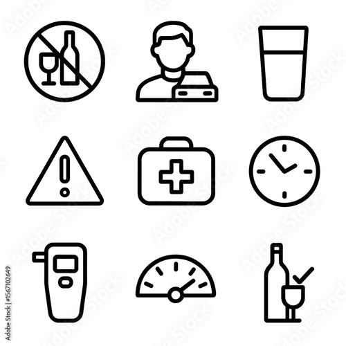 Vodka Safety Icons. Solid, filled icon set of vodka health and safety: no drinking sign, designated driver, hydration glass,
