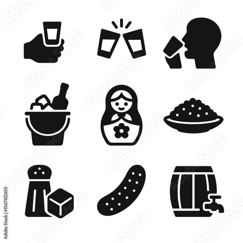 Vodka Tradition Icons. Solid, filled icon set of vodka drinking traditions: toast gesture, cheers clinking glasses, drinking shot,