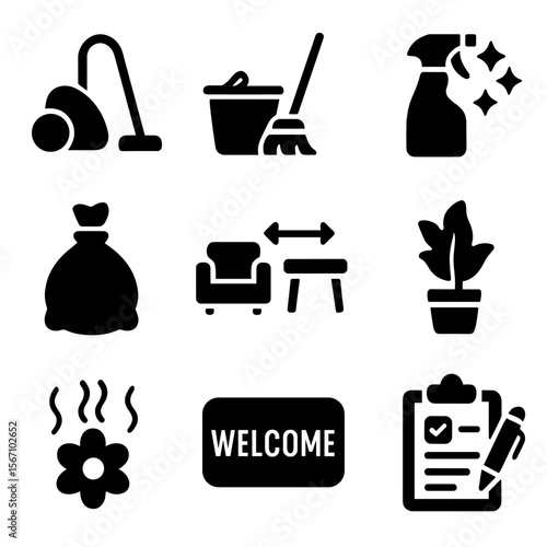 Post-Renovation Cleaning Icons. Solid, filled icons set of post-renovation cleaning and staging: vacuum