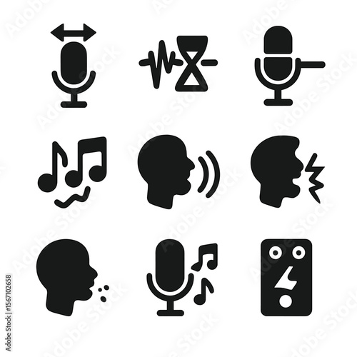 Voice Modulation Icons. Solid, filled icon set of voice modulation techniques: pitch shift, time stretch, formant control,
