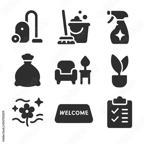 Post-Renovation Cleaning Icons. Solid, filled icons set of post-renovation cleaning and staging: vacuum