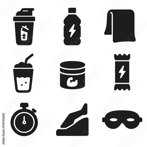 Post-Workout Recovery Icons. Solid, filled icons set of post-workout recovery items: protein shake,