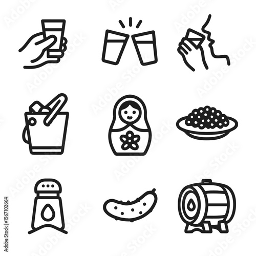 Vodka Tradition Icons. Solid, filled icon set of vodka drinking traditions: toast gesture, cheers clinking glasses, drinking shot,