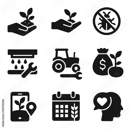 Post-Hailstorm Recovery Icons. Solid, filled icons set of post-hailstorm recovery: soil restoration,