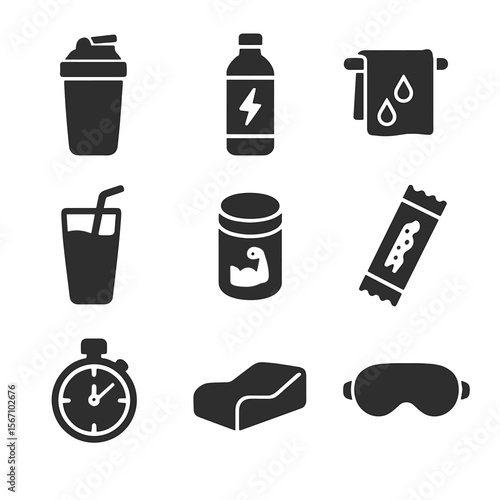 Post-Workout Recovery Icons. Solid, filled icons set of post-workout recovery items: protein shake,
