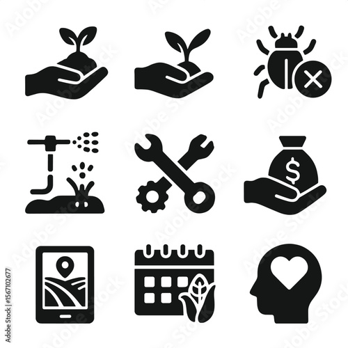 Post-Hailstorm Recovery Icons. Solid, filled icons set of post-hailstorm recovery: soil restoration,