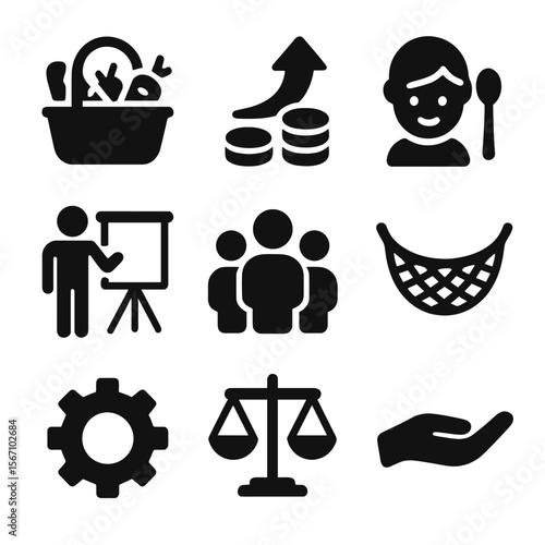 Poverty Reduction Icons. Solid, filled icons set of poverty reduction strategies: food basket, income arrow,