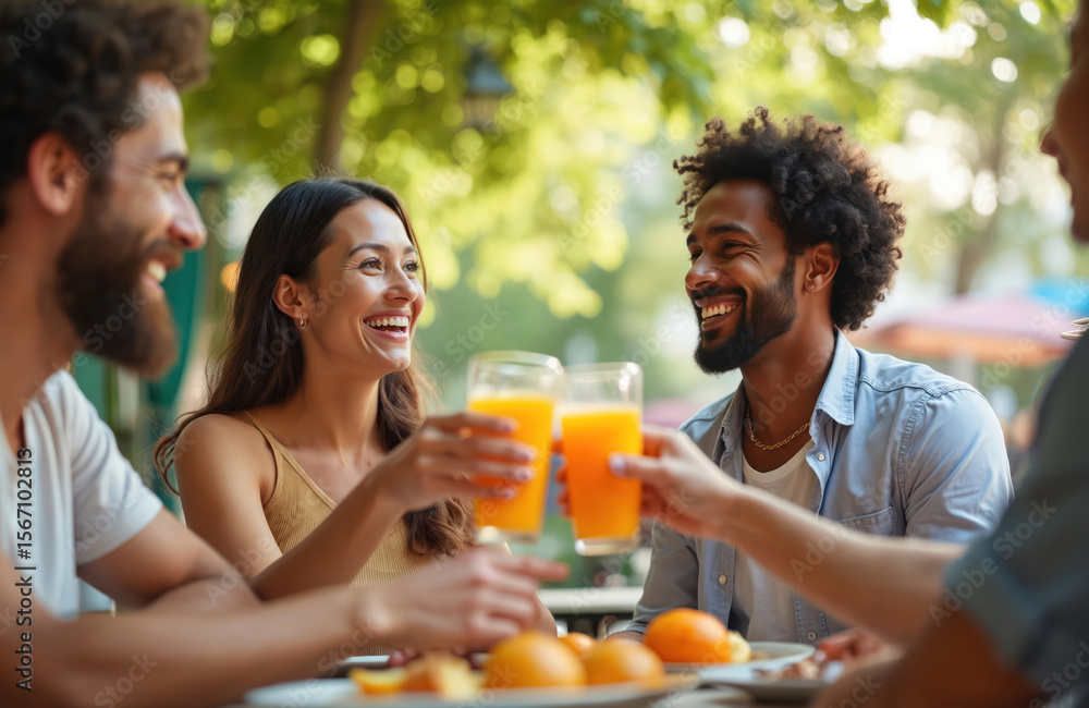 Multi-ethnic friends toast while drinking juice outdoors. Diverse group cheers, smiling enjoying each other company, friendship. Happy people at cafe, summer time, leisure, vacation, celebration. Multi-ethnic friends toast while drinking juice outdoors. Diverse group cheers, smiling enjoying each other company, friendship. Happy people at cafe, summer time, leisure, vacation, celebration.