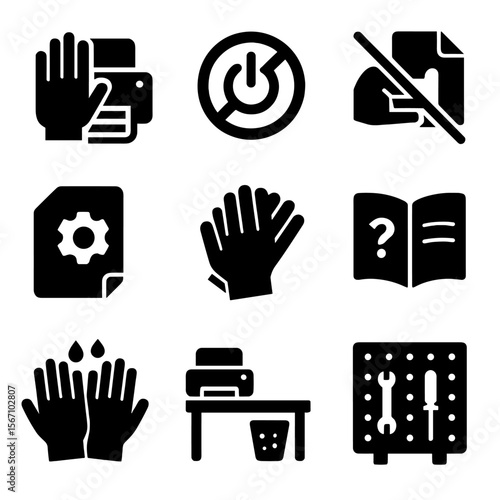 Printer Safety Icons. Solid, filled icons set of safe printer use practices: hand safety, power off, no forced