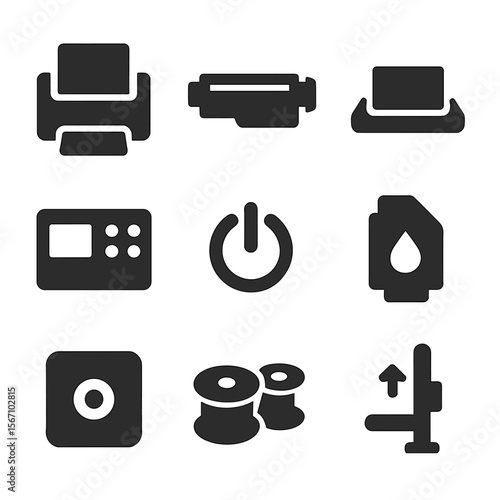 Printer Parts Icons. Solid, filled icons set of common printer parts: paper feeder, toner cartridge, paper