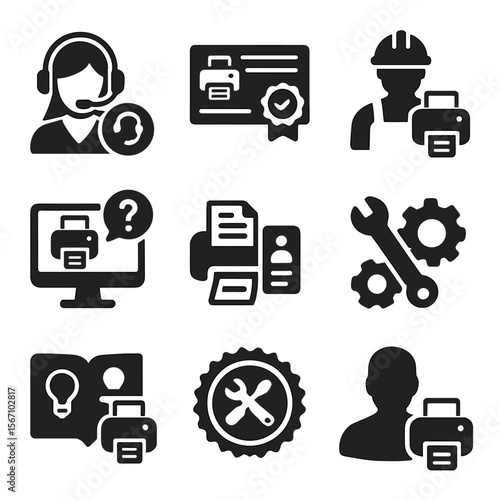 Printer Services Icons. Solid, filled icons set of printer support and services: customer support, warranty